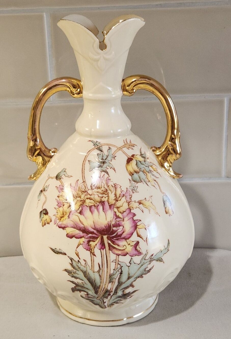 Antique Austrian Art Nouveau Porcelain Vase 9" Hand Painted Florals Rare Ewer